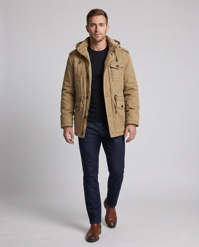 Herren Canvas-Parka mit herausnehmbarer Thermo-Innenjacke, Kapuze und Multifunktionstaschen Nord Taschen