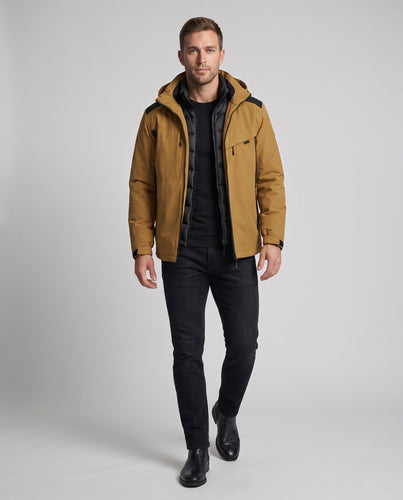 Herren Zwei-in-eins Softshell-Outdoorjacke mit abnehmbarer Daunen-Innenjacke und Kapuze Nord Taschen