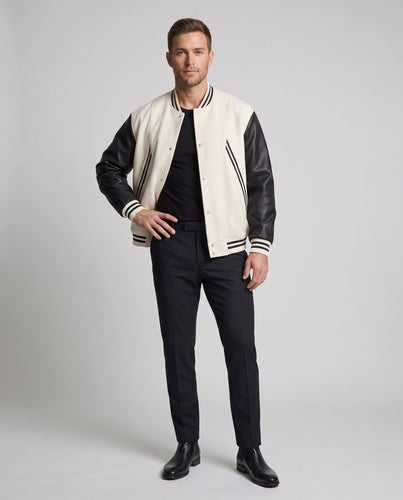 Herren Collegejacke im Varsity‑Stil mit Kunstlederärmeln und gestreiften Rippbündchen Nord Taschen