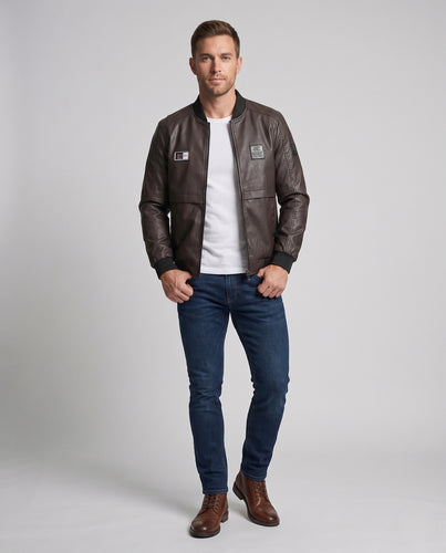 Herren Leder-Bomberjacke mit Patch-Details, Rippbündchen und Stehkragen Nord Taschen