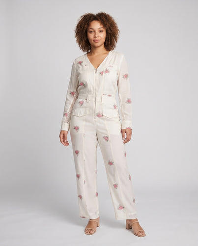Damen Floral-Print Utility-Jumpsuit mit Reißverschluss, Spitzenbesatz und weitem Bein Nord Taschen
