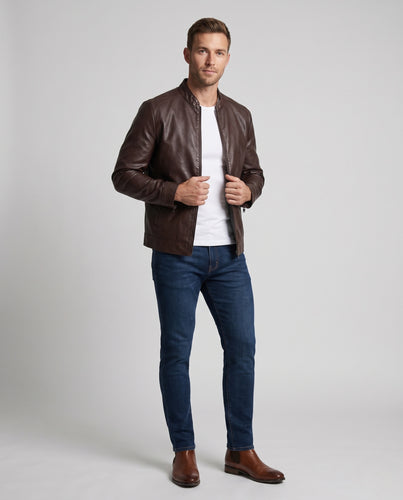Herren Schlanker Lederimitat-Blouson im Urban-Bikerstil mit Stehkragen und Reißverschlussärmeln Nord Taschen