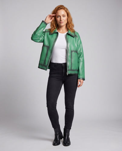 Damen Gepolsterte Kunstlederjacke mit großem Schalkragen und Reißverschluss Nord Taschen