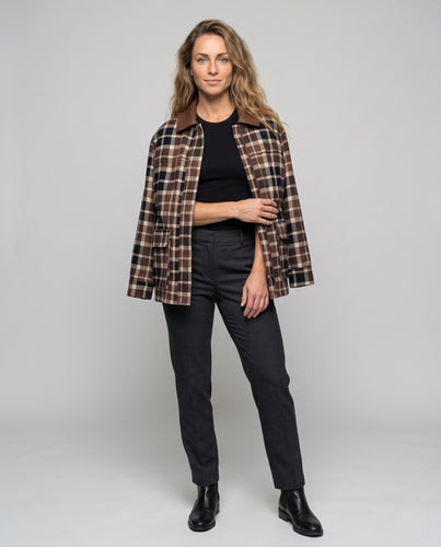 Damen karierte Fieldjacke mit Kunstlederkragen Nord Taschen