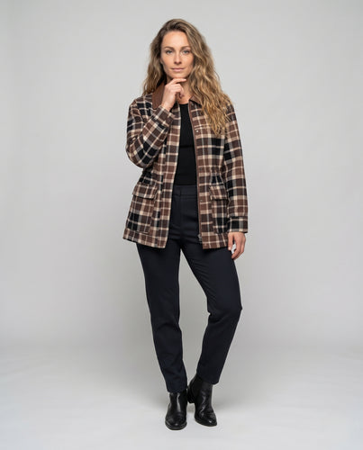 Damen Karierter Overshirt-Mantel mit Kunstlederkragen und Taillenraffung Nord Taschen