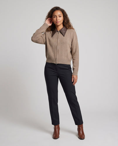 Damen Boxy Strickjacke mit Reißverschluss und kontrastierendem Kunstleder-Kragen Nord Taschen