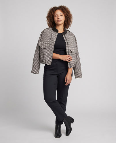 Damen kariertes Cropped-Blouson mit Stehkragen, Schulterklappen und elastischem Saum Nord Taschen