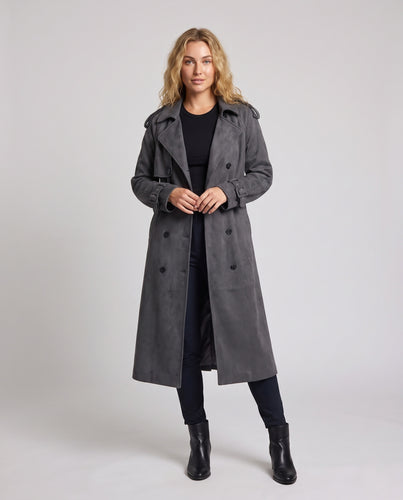 Damen langer doppeltreihiger Trenchcoat aus Veloursimitat mit Taillengürtel und Schulterpatten Nord Taschen