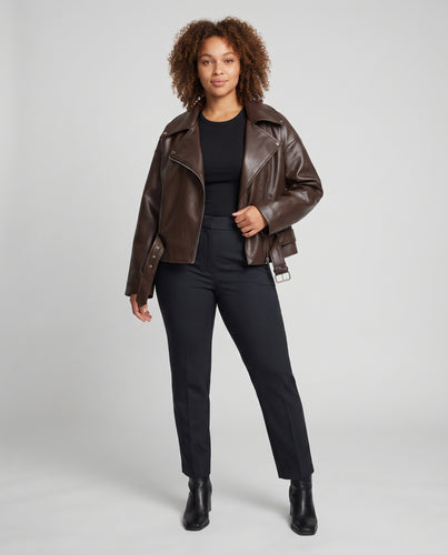 Damen oversized Kunstleder-Bikerjacke mit asymmetrischem Reißverschluss und Taillengürtel Nord Taschen