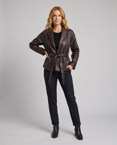 Damen Taillierte Kunstlederjacke mit Stehkragen und Bindegürtel Nord Taschen