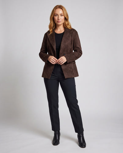 Damen taillierter Doppelreiher-Blazer in Wildlederoptik mit Schalkragen und Pattentaschen Nord Taschen