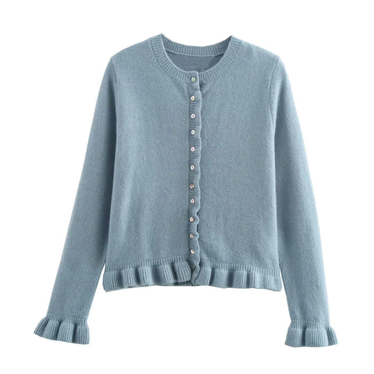 Rüschen Frauen Cardigan mit Knöpfen, Schickes Schichted Oberteil