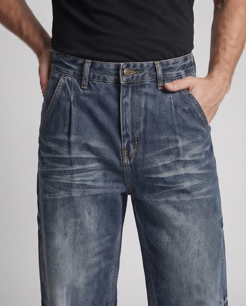 Herren Baggy-Denim mit ballonförmigem Palazzobein, sichtbaren Keilnähten und Used-Finish Nord Taschen