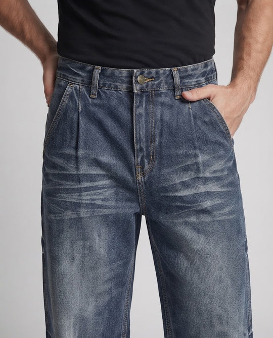 Herren Baggy-Denim mit ballonförmigem Palazzobein, sichtbaren Keilnähten und Used-Finish Nord Taschen
