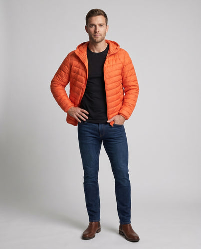Leichte Herren-Daunenjacke mit Kapuze, weißes Entendaunen-Futter