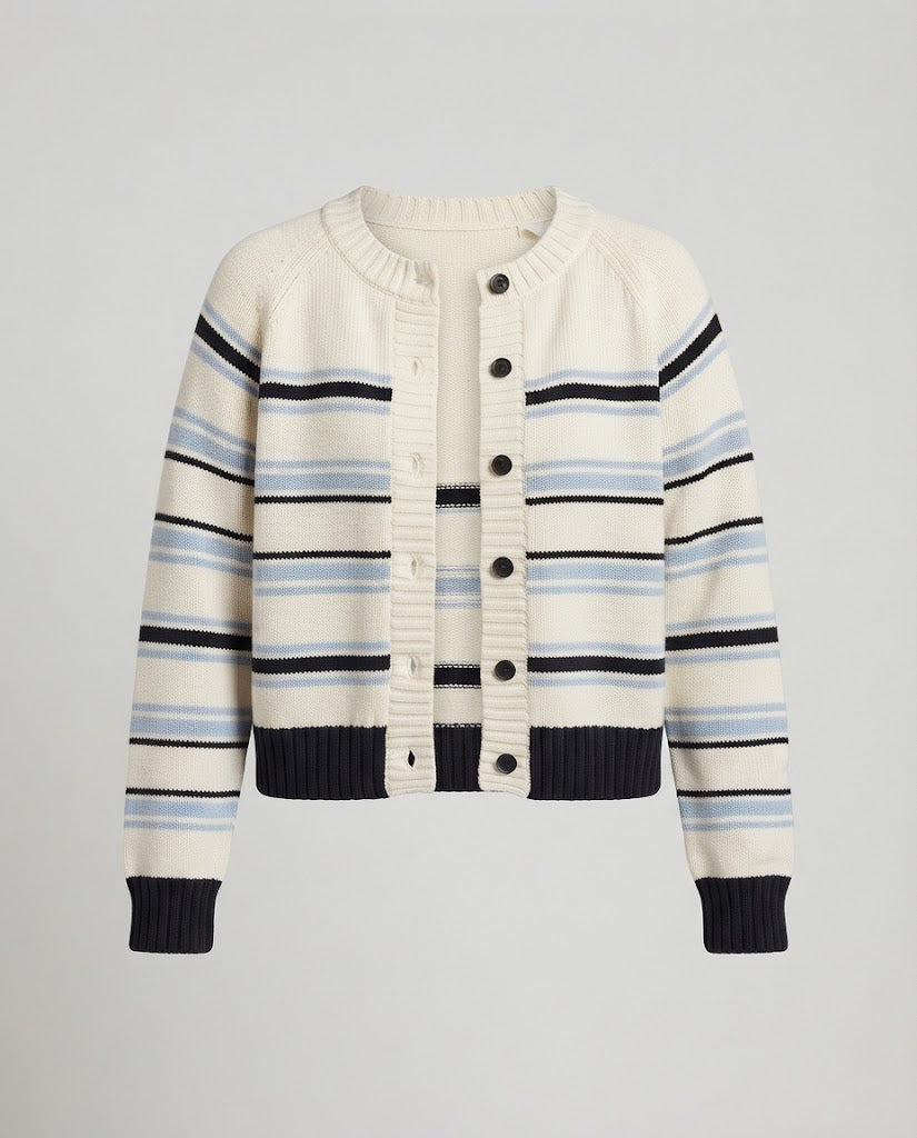 Damen Gestreifte Strickjacke mit Rundhalsausschnitt und geripptem Saum Nord Taschen