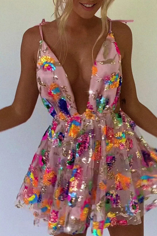 V-Ausschnitt Offene Rücken Pailletten Blumen Binde A-Linie Mini Kleid