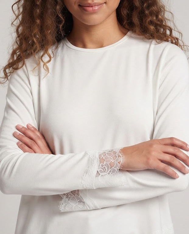 Damen Asymmetrisches Langarm-Top mit Spitzenbesatz und Rundhalsausschnitt Nord Taschen