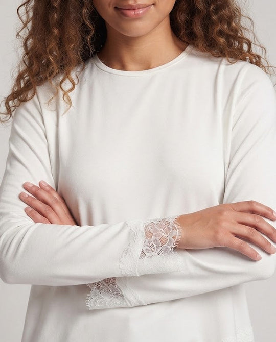 Damen Asymmetrisches Langarm-Top mit Spitzenbesatz und Rundhalsausschnitt Nord Taschen