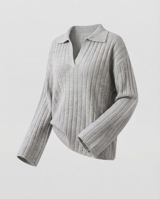 Damen Grobgerippter Wollmix-Pullover mit Polokragen und weiten Ärmeln Nord Taschen