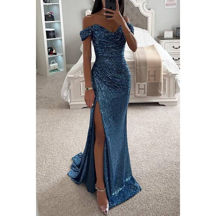Glitzerndes Damen Abendkleid Schulterfreies Maxikleid mit Schlitz für Hochzeit & Fest | Nord Taschen