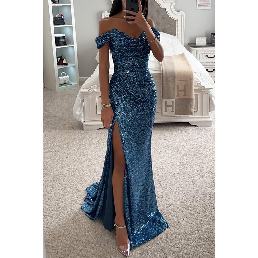 Glitzerndes Damen Abendkleid Schulterfreies Maxikleid mit Schlitz für Hochzeit & Fest | Nord Taschen