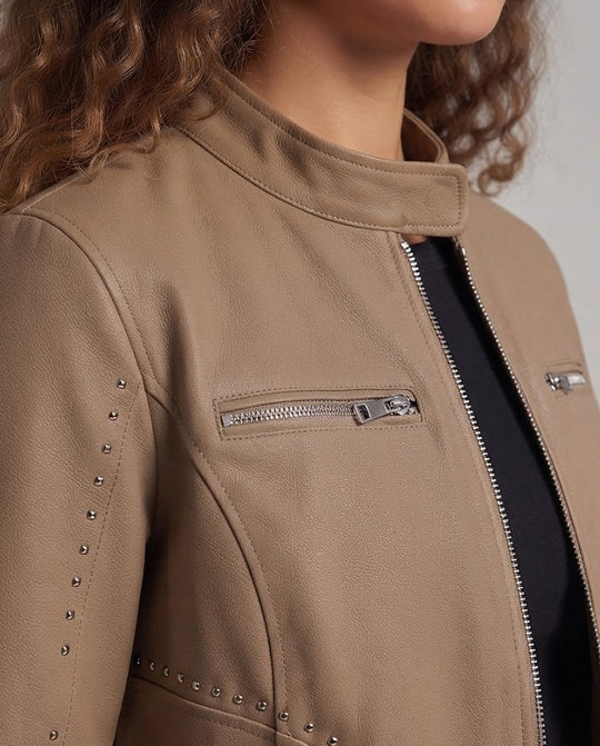 Damen Cropped Bikerjacke in Veloursoptik mit Stehkragen, Ziernähten und Metall-Ziptaschen Nord Taschen