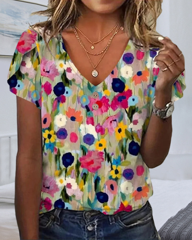 Nord Taschen | Kurzärmlige Farbenfrohe Blumenbluse mit V-Ausschnitt