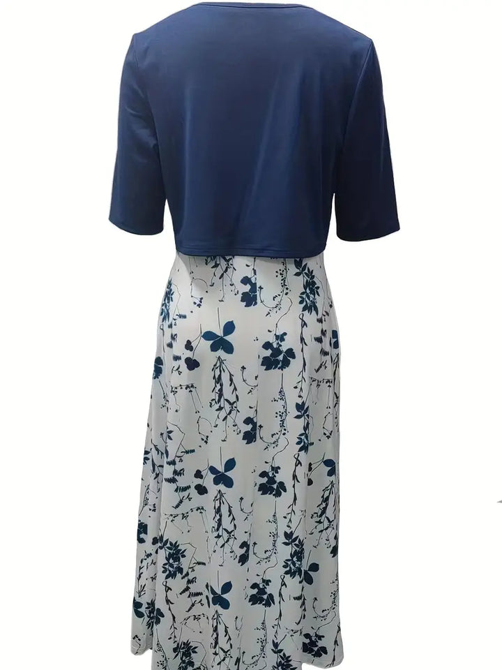 elegantes zweiteiliges Blumenkleid-Set mit einfarbigem Crop-Top und Kleid mit Rundhalsausschnitt