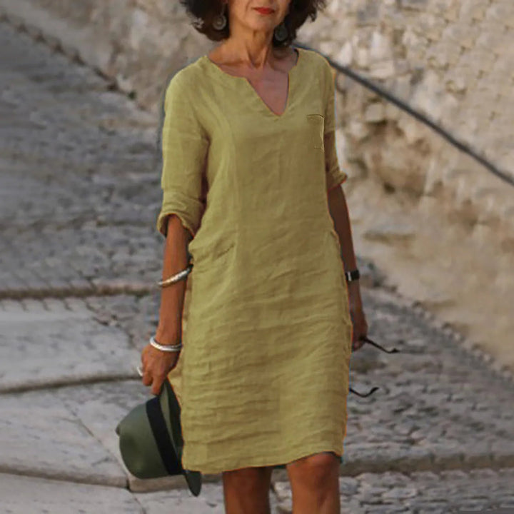 Rona Leinen Shiftkleid mit V-Ausschnitt und Taschen