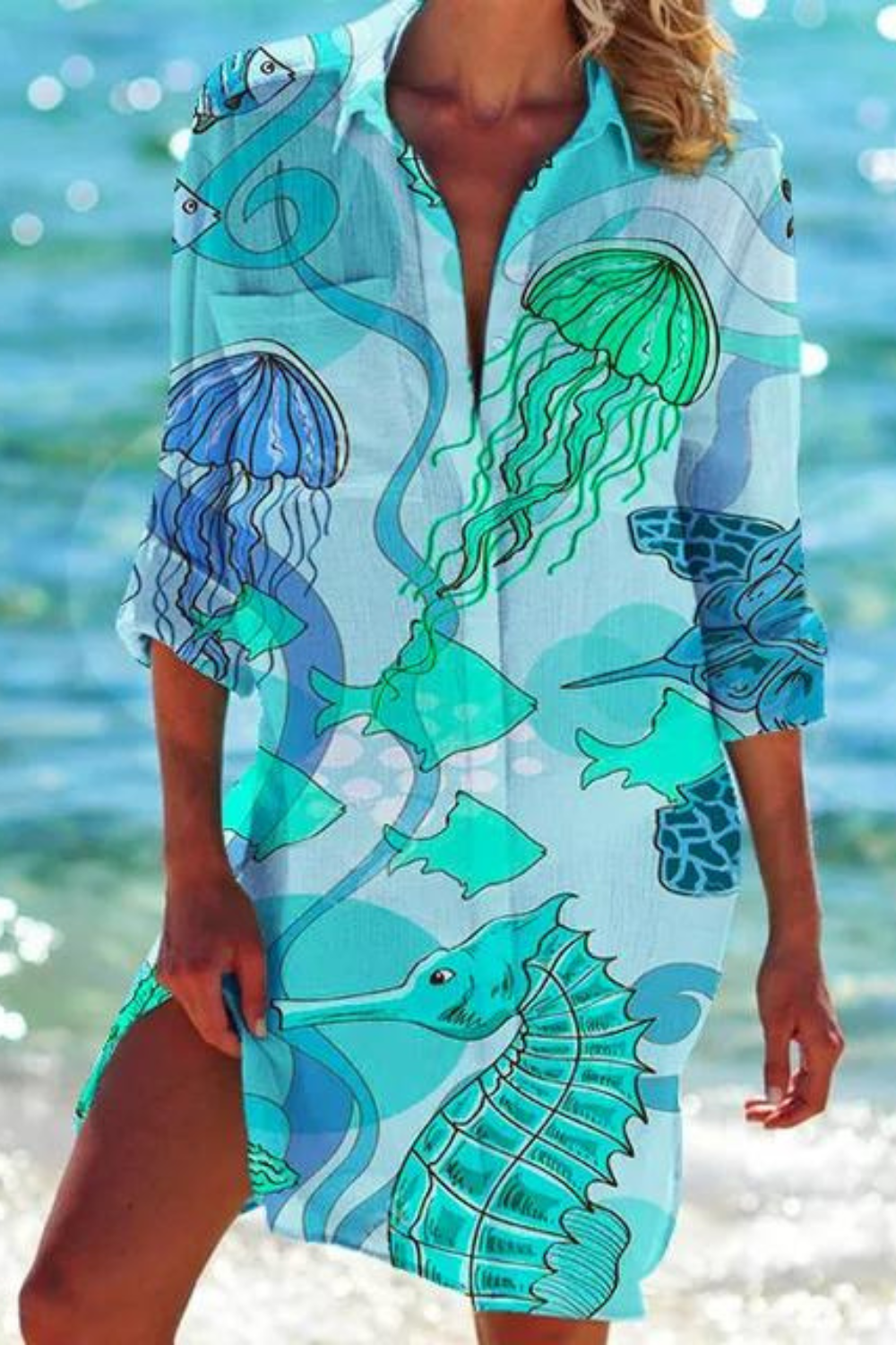 Nord Taschen - Lange Strandbluse mit Meeresmotiv