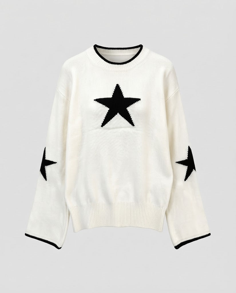 Damen Feinstrickpullover mit Stern‑Jacquard, überschnittener Schulter und elastischem Rippsaum Nord Taschen