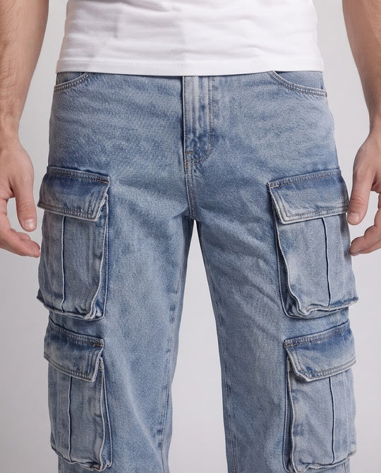 Herren weite Cargo-Denim-Palazzo-Hose mit mehrfachen aufgesetzten Klappentaschen Nord Taschen