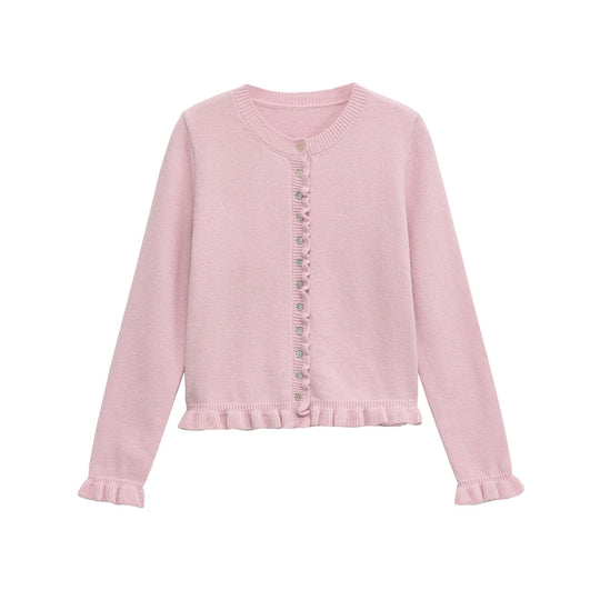 Rüschen Frauen Cardigan mit Knöpfen, Schickes Schichted Oberteil