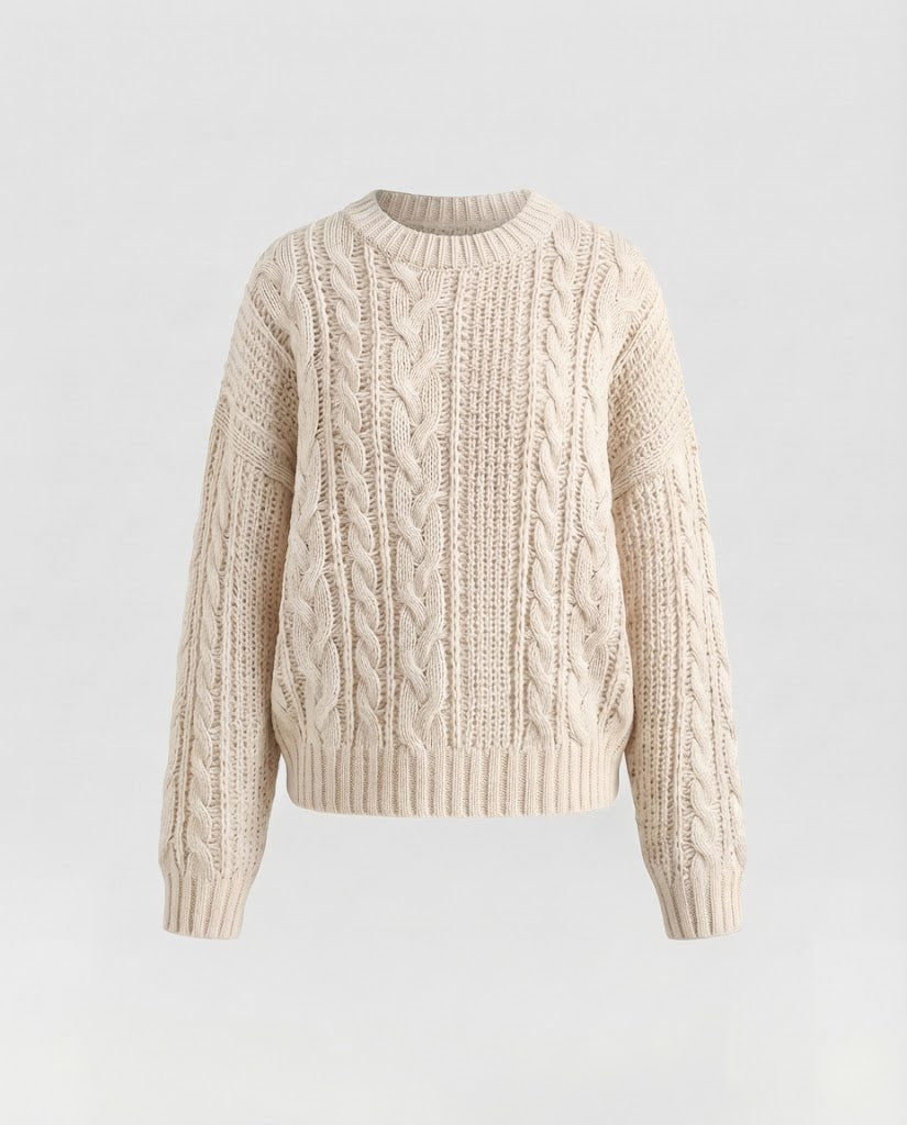 Damen Oversize Zopfmuster-Pullover mit grober Struktur und Rundhalsausschnitt Nord Taschen