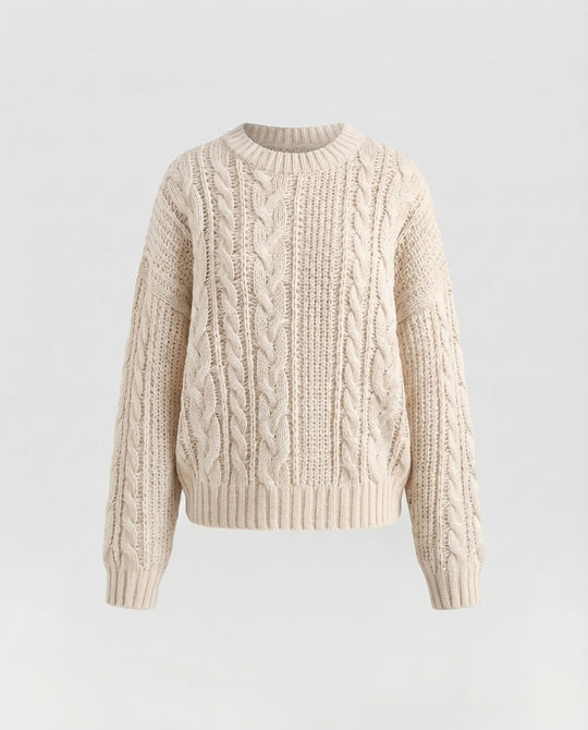 Damen Oversize Zopfmuster-Pullover mit grober Struktur und Rundhalsausschnitt Nord Taschen