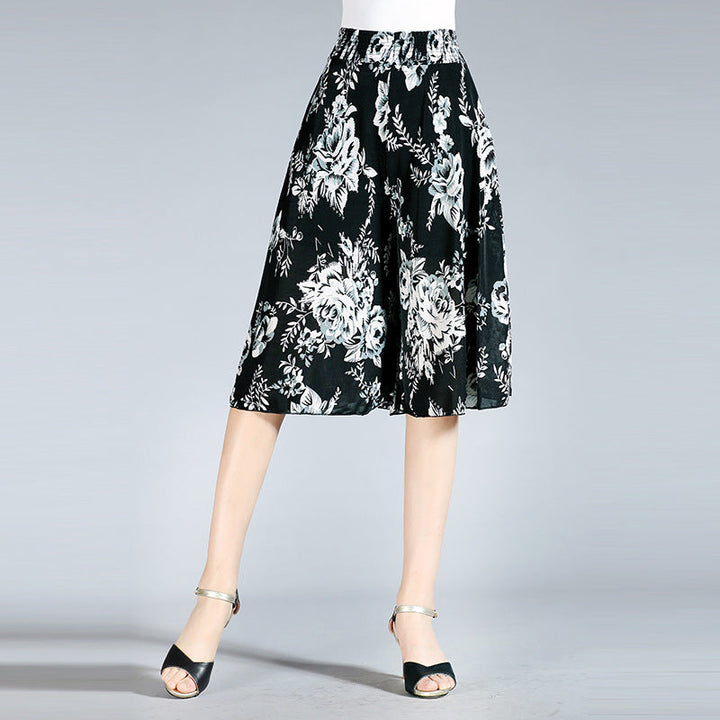 Damen Chiffon Culottes mit Breiten Beinen und Hoher Elastischer Taille