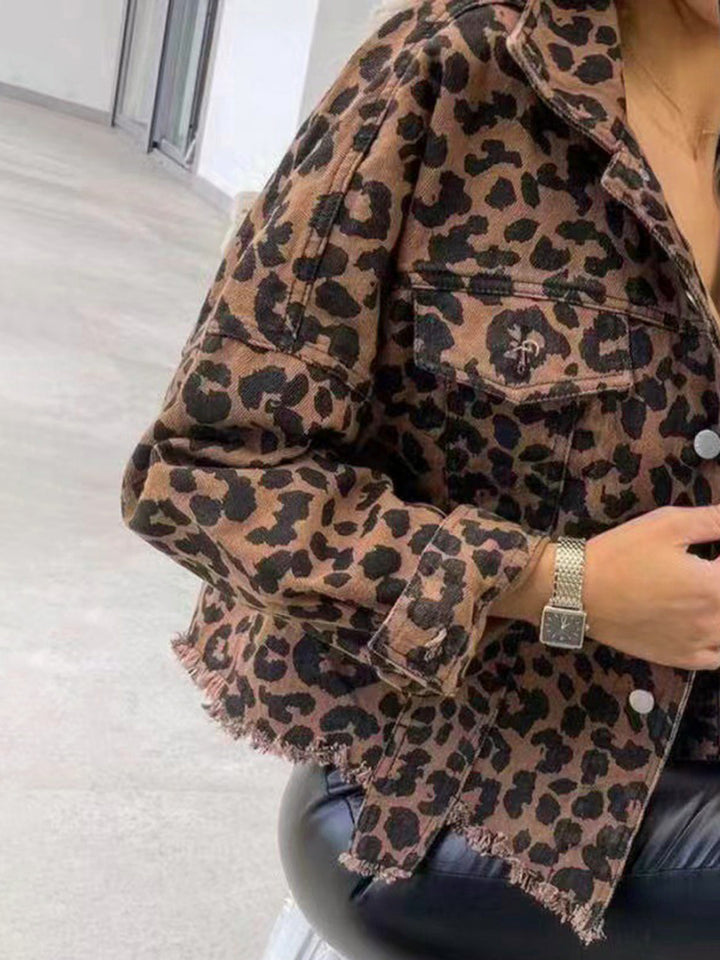 Raw Hem Leopardenkragen Denimjacke