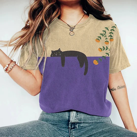 Nord Taschen | Zweifarbige Katzen-Grafik-T-Shirt für Damen