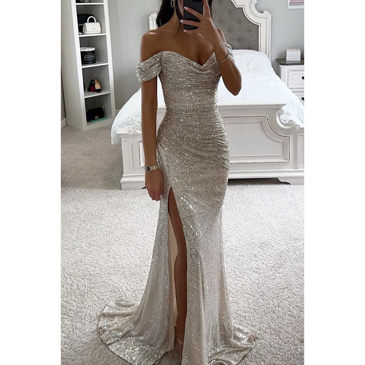 Glitzerndes Damen Abendkleid Schulterfreies Maxikleid mit Schlitz für Hochzeit & Fest | Nord Taschen