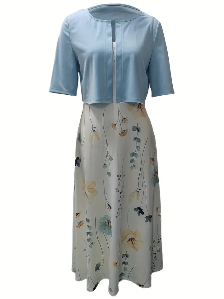 elegantes zweiteiliges Blumenkleid-Set mit einfarbigem Crop-Top und Kleid mit Rundhalsausschnitt