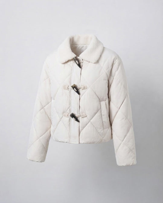 Damen kurze gesteppte Pufferjacke mit Teddykragen, Toggle und Zwei-Wege-Reißverschluss