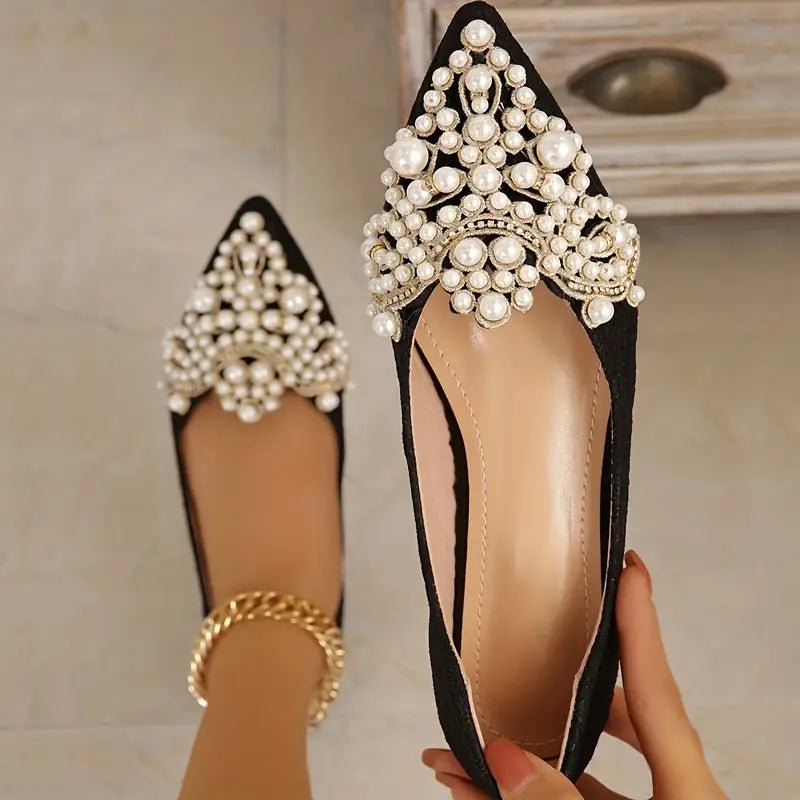Elegante Braut Ballerinas mit Spitze und Kunstperlen