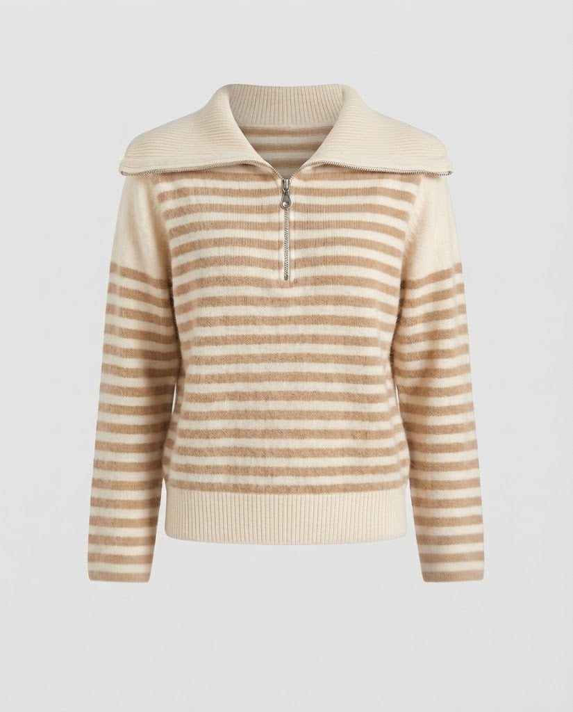 Damen Gestreifter Kurzpullover aus flauschigem Mohair‑Look mit halbem Reißverschluss und überlappendem Kragen Nord Taschen