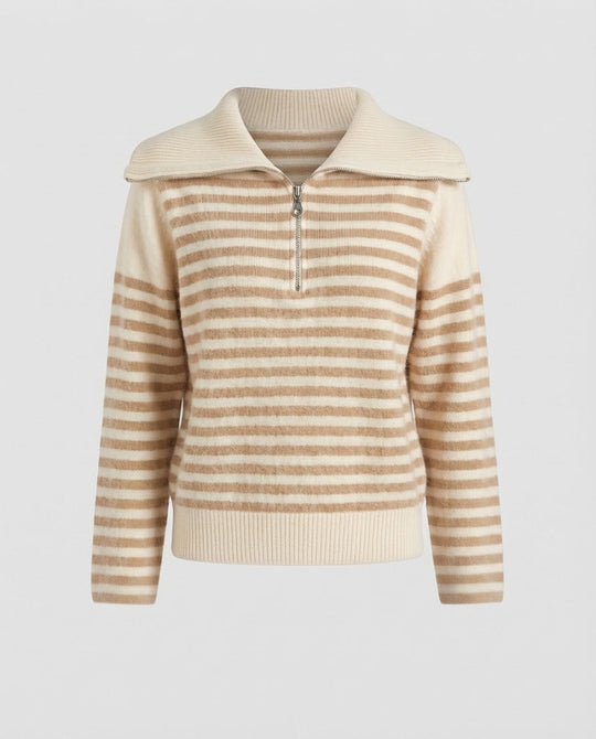 Damen Gestreifter Kurzpullover aus flauschigem Mohair‑Look mit halbem Reißverschluss und überlappendem Kragen Nord Taschen