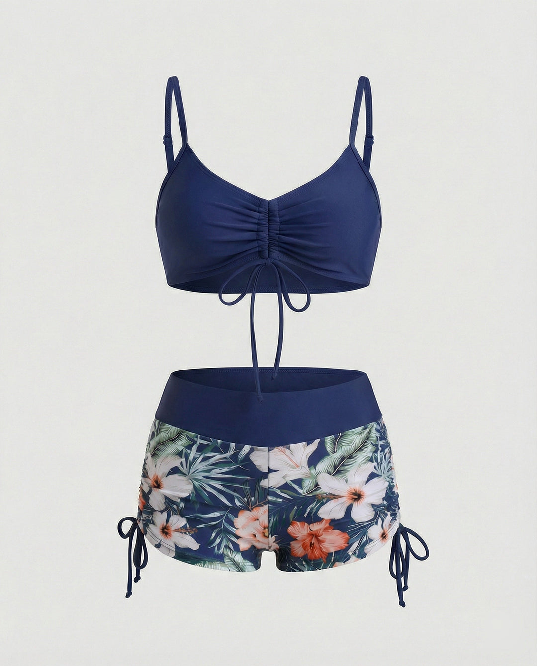 2 Teiliges Bikini mit Grünem Blumenmuster und Hoher Taille