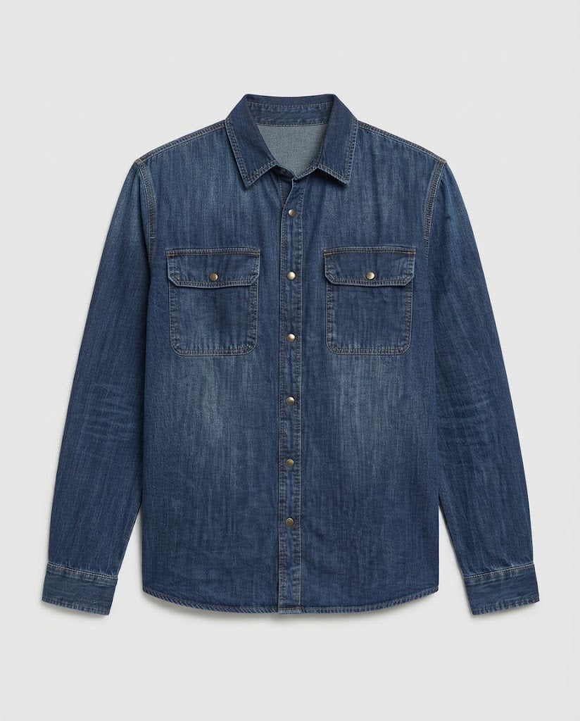 Herren Denim-Hemd im Overshirt-Look mit Brustklappen, Kontrastnähten und geradem Schnitt Nord Taschen