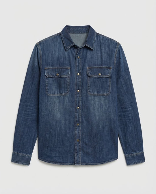 Herren Denim-Hemd im Overshirt-Look mit Brustklappen, Kontrastnähten und geradem Schnitt Nord Taschen