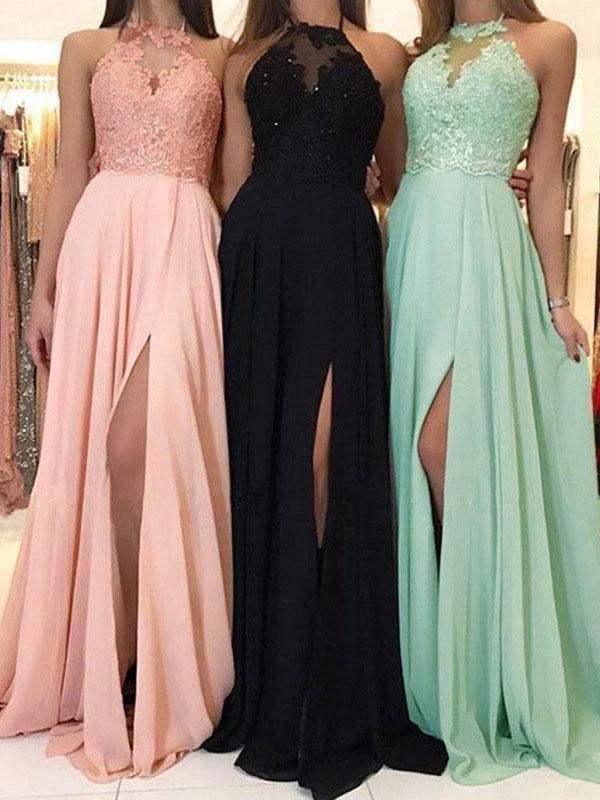 Fashion Spitze, seitlich geteilt, Neckholder, Rundhalsausschnitt, ärmellos, Damen, Strandkleid, Spitzenkleid, Abendkleid, Maxikleider - Arvani