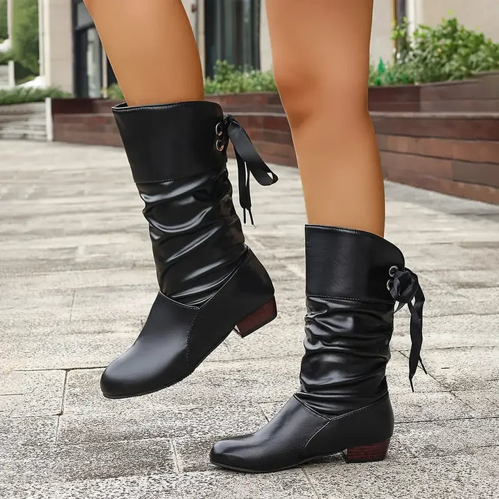 Damenmode Schnürung Chunky Heel Stiefel Bis Zur Wade